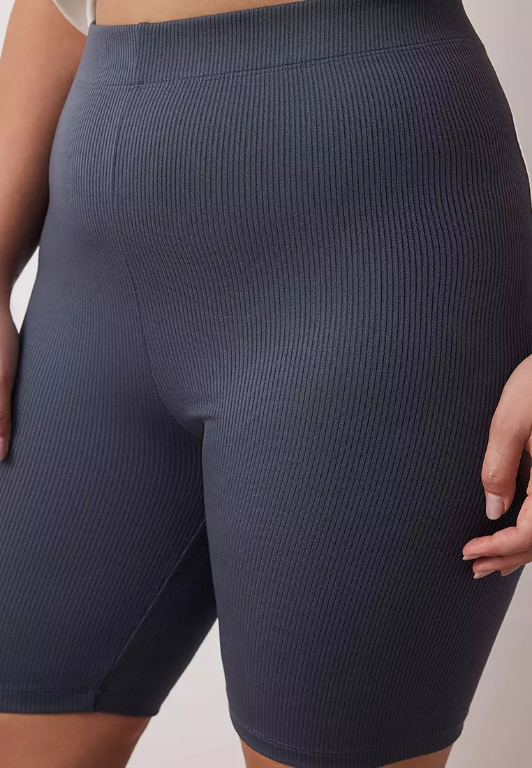Anthracite-Dry Rose High Waist 2-Pack Biker Ribbed Knit Plus Size Leggings Tbbss24Bv00000