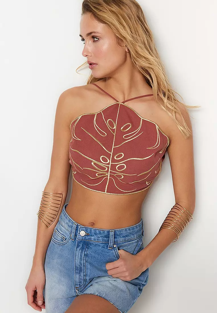 Wrap Embroidery Halter Neck Top