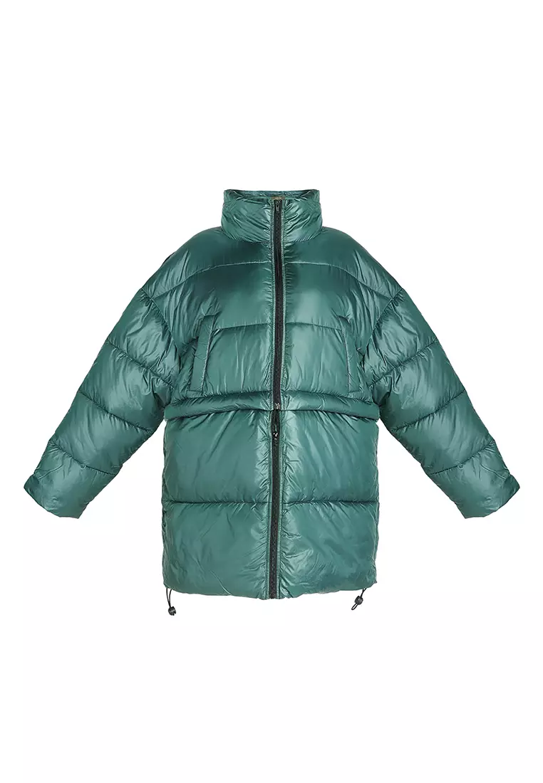 Jaket Puffer Turtleneck Dua Arah Hijau yang Dapat Dilepas
