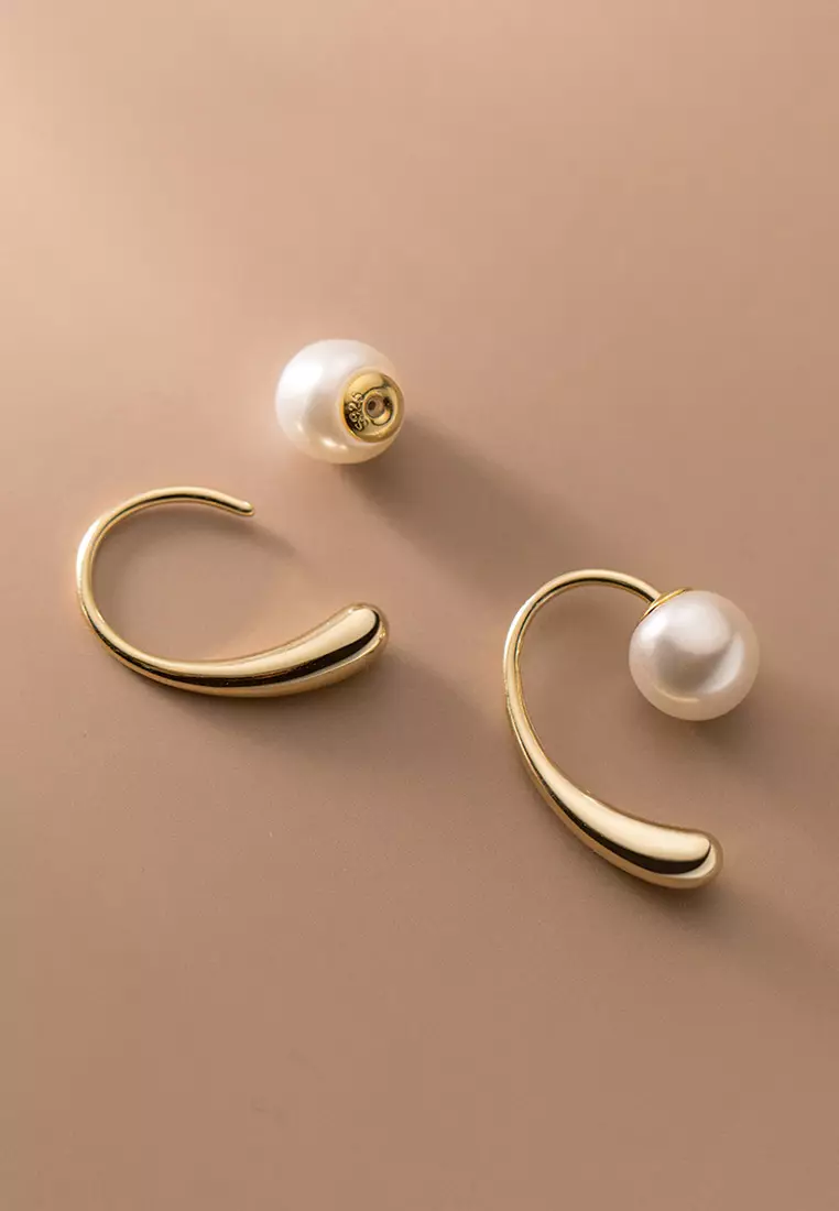 925 Silver Plated Gold Water Drop Design Faux Pearl Earrings JW AR-M00927