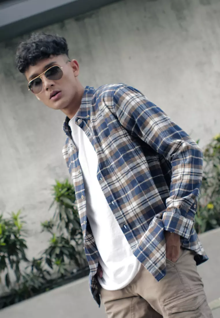 OXCON Extra Comfort Authentic Flannel Shirt Navy Brown White