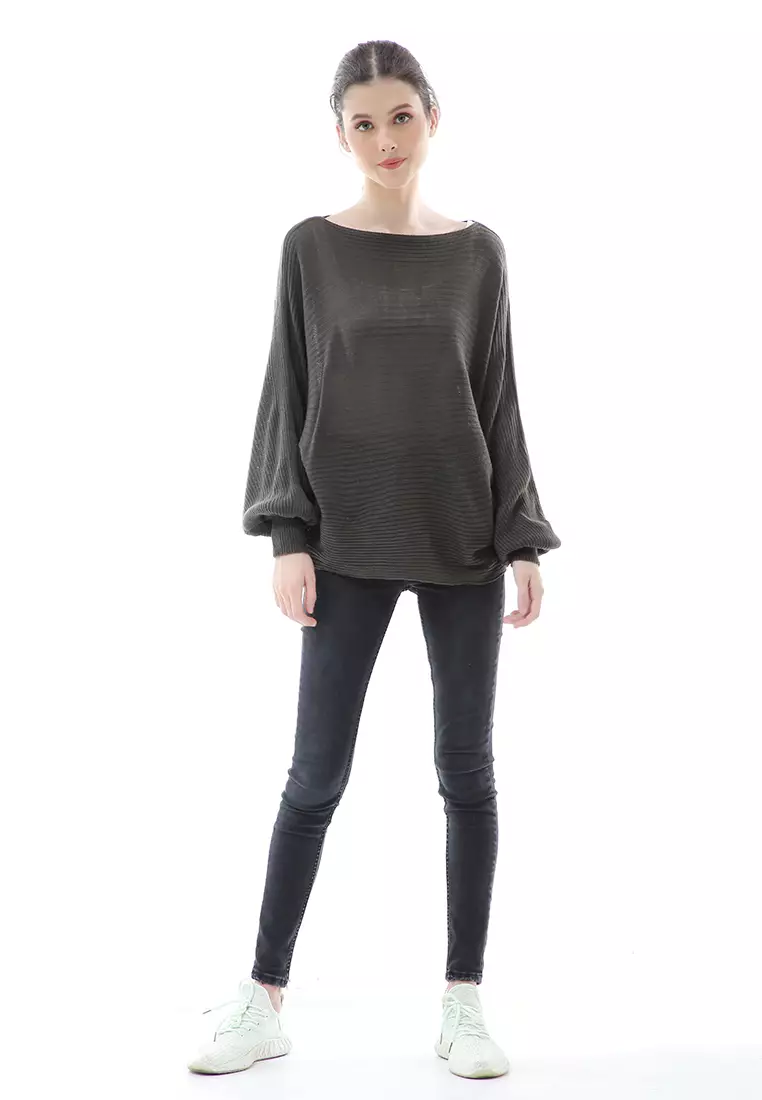 Eveline Sweater Rajut Batwing Atasan Wanita Motif Polos High Quality - Army