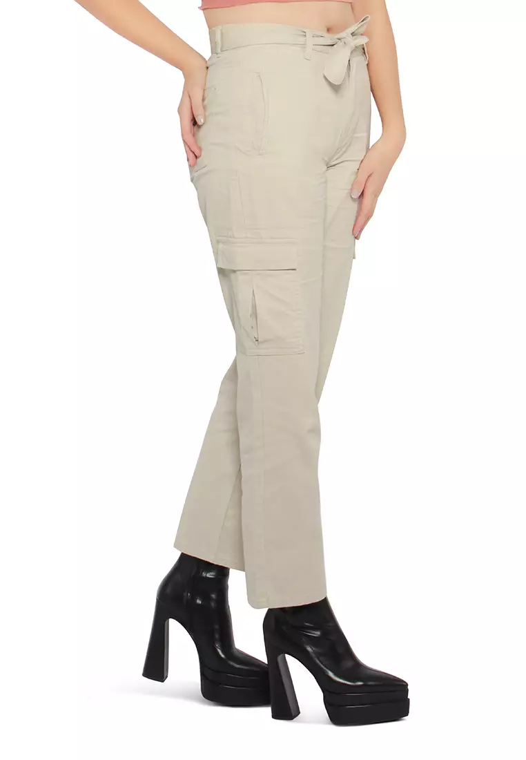 Beige Waist Bow Tie Paper bag Pants