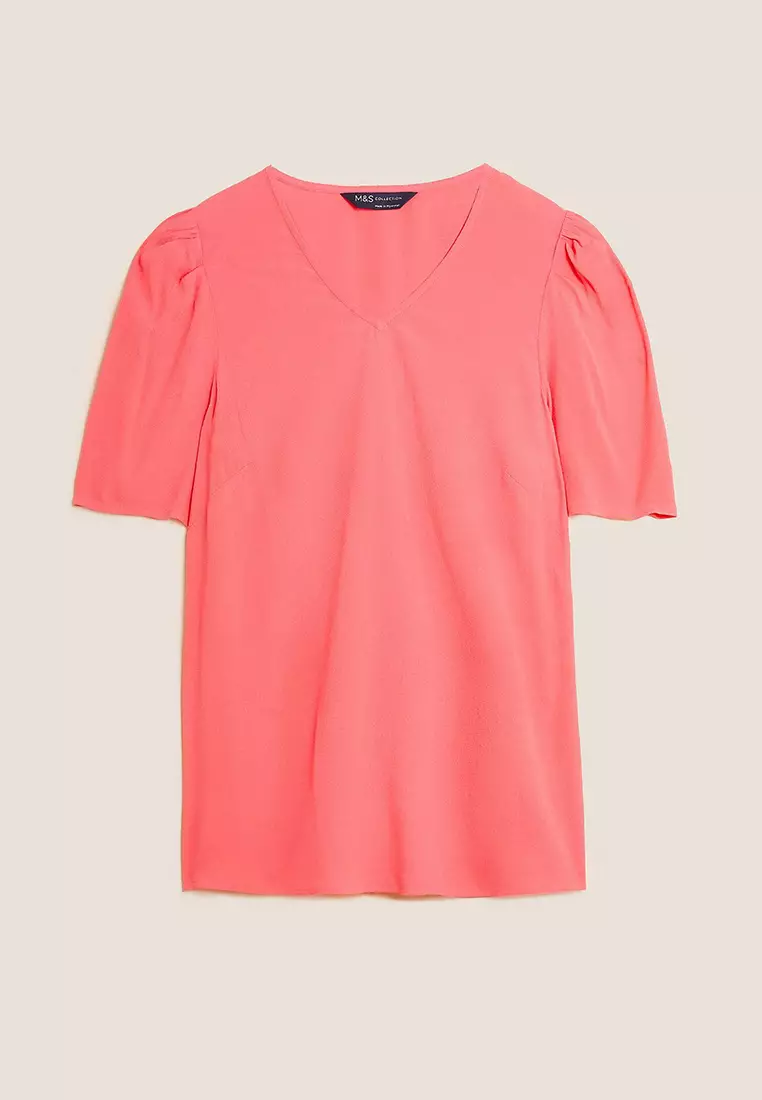 Plain V-Neck Puff Sleeve Top