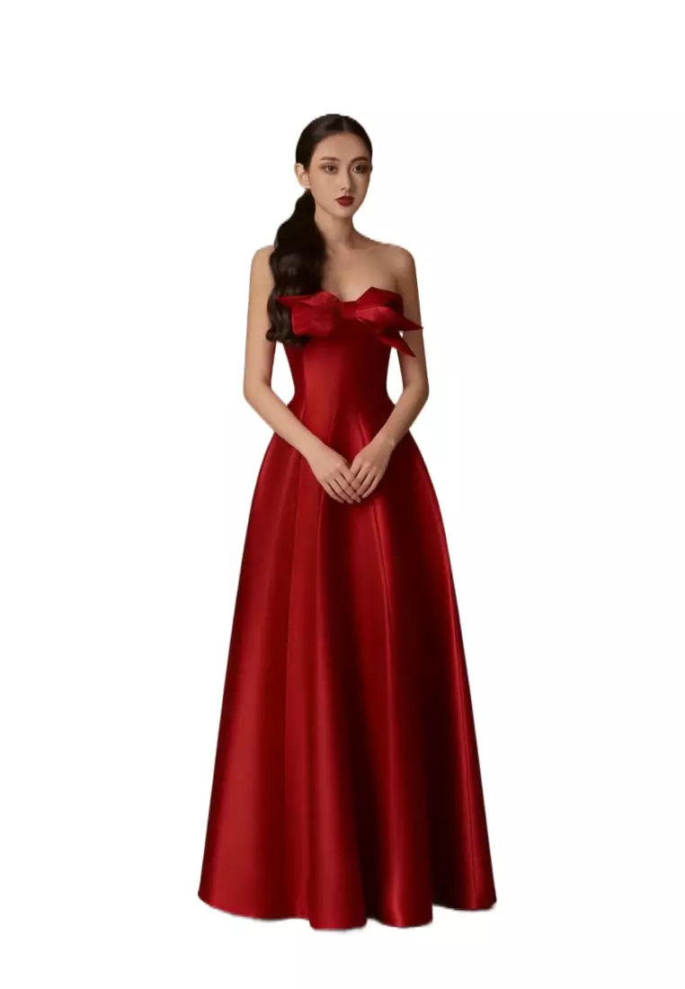 立體蝴蝶結抹胸晚禮服中長裙 CA26022425RD