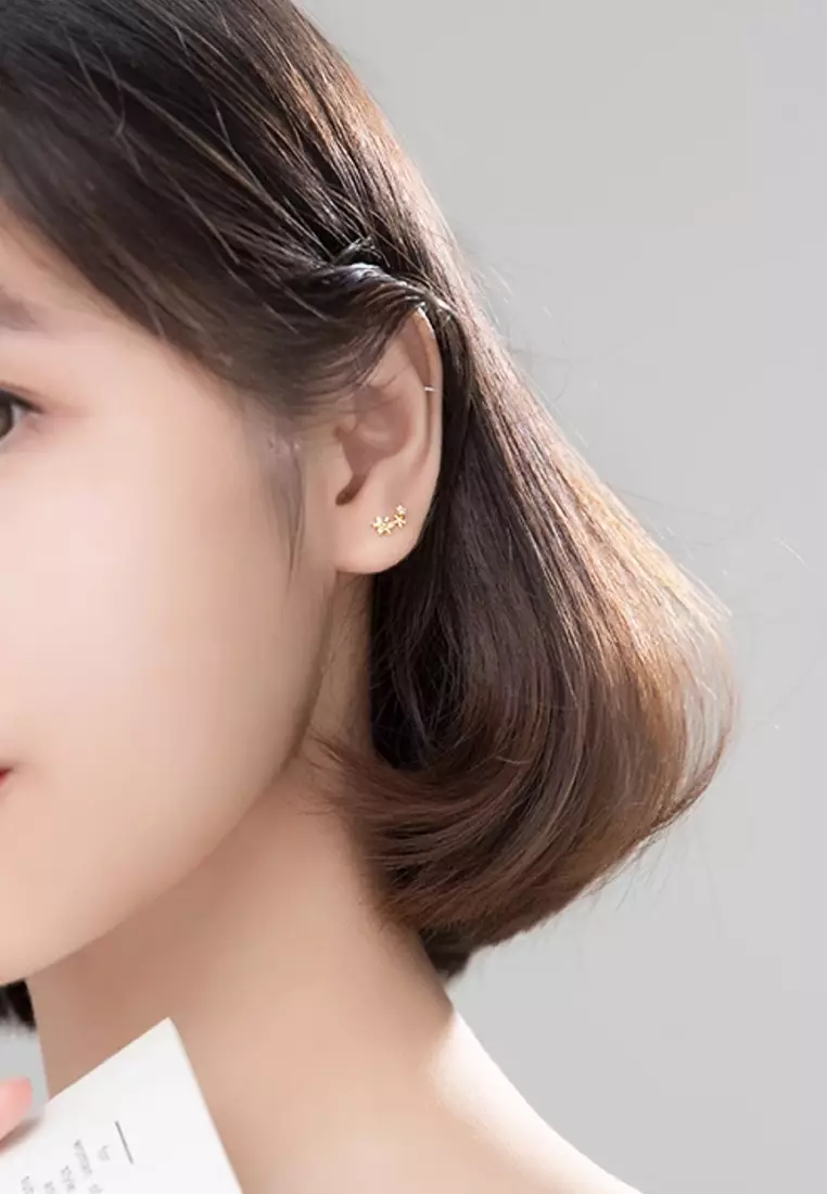 925 Silver Plated Gold Zircon Floral Asymmetric Earrings JW AR-G6378