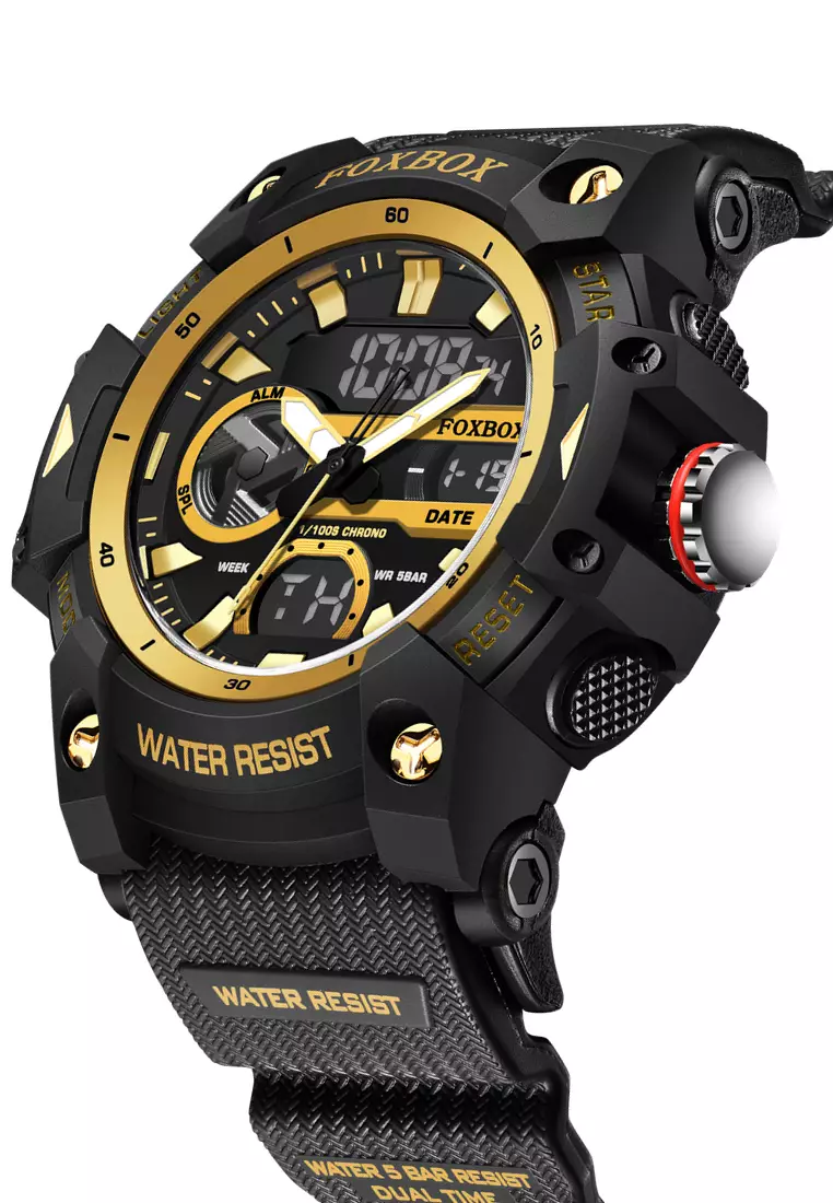 FOXBOX Chronograph Unisex Digital/Analogue Quartz Watch, Black/Yellow