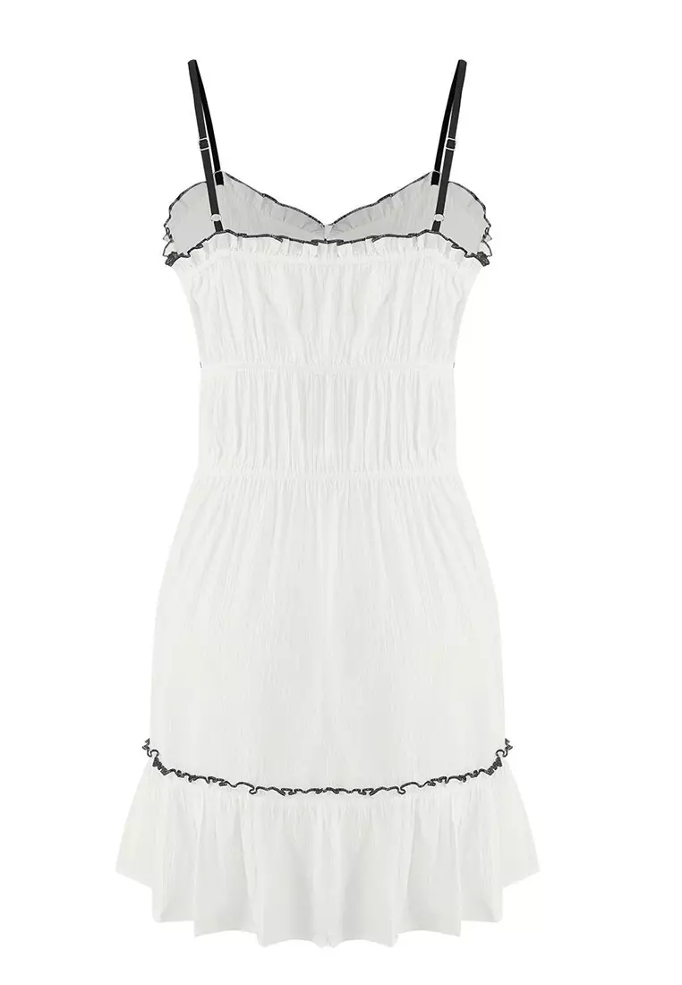 White Textured Ribbon Detailed Piping Beach Dress Tbess25El00147