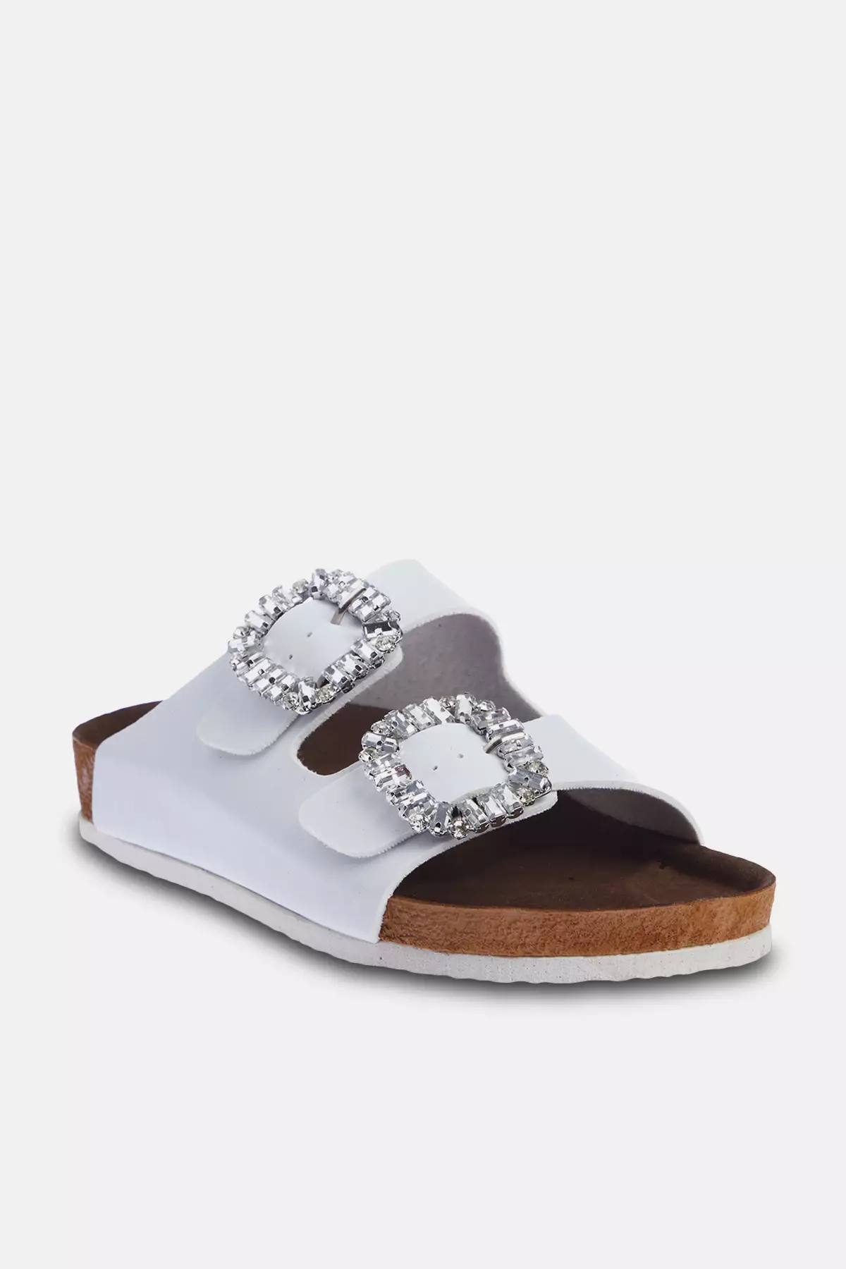 White Stone Accessory Detailed Double Buckle Women's Slippers Takss24Te00002