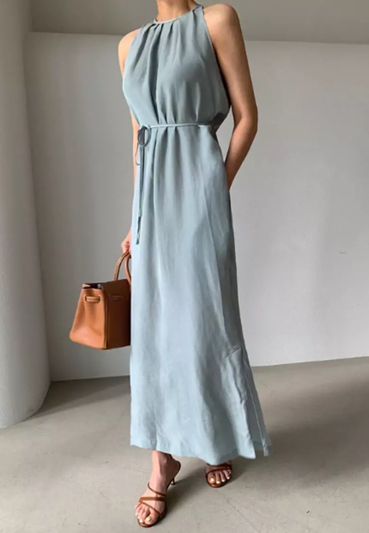 2025簡約系帶收腰開叉連衣裙CA25032720BL