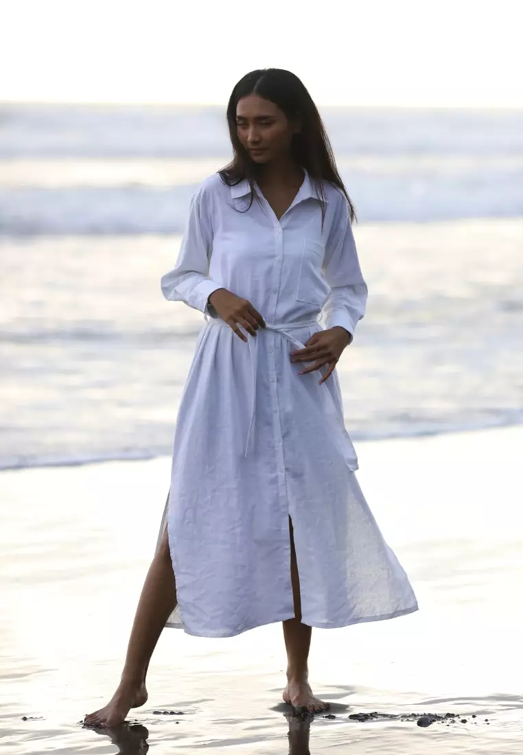 Ayia Dress Panjang Linen Wanita Putih | Linen Long Dress Women White