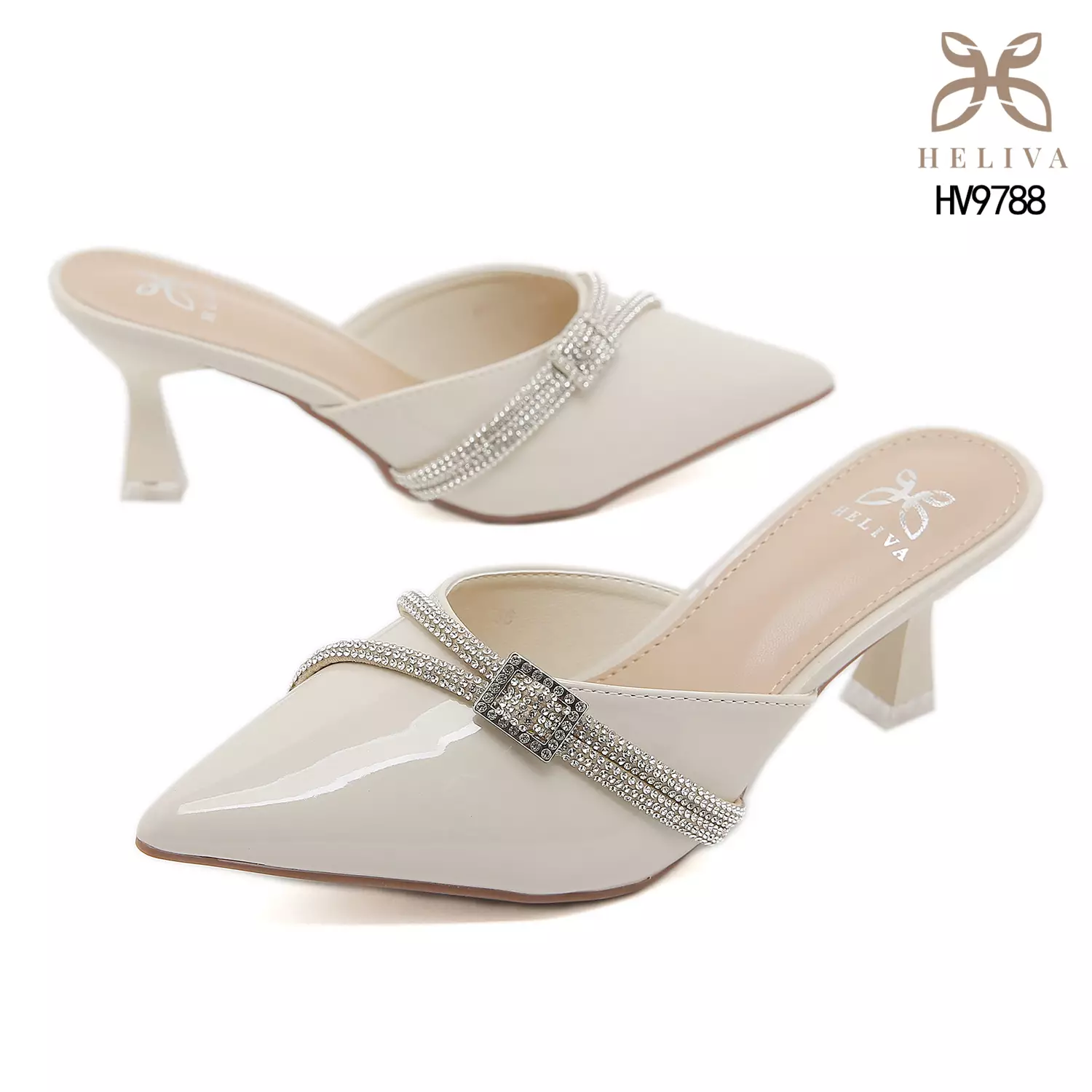 HELIVA CILLA Glossy Pointed Mules 6.5 cm with Elegant Rhinestone Strap HV9788