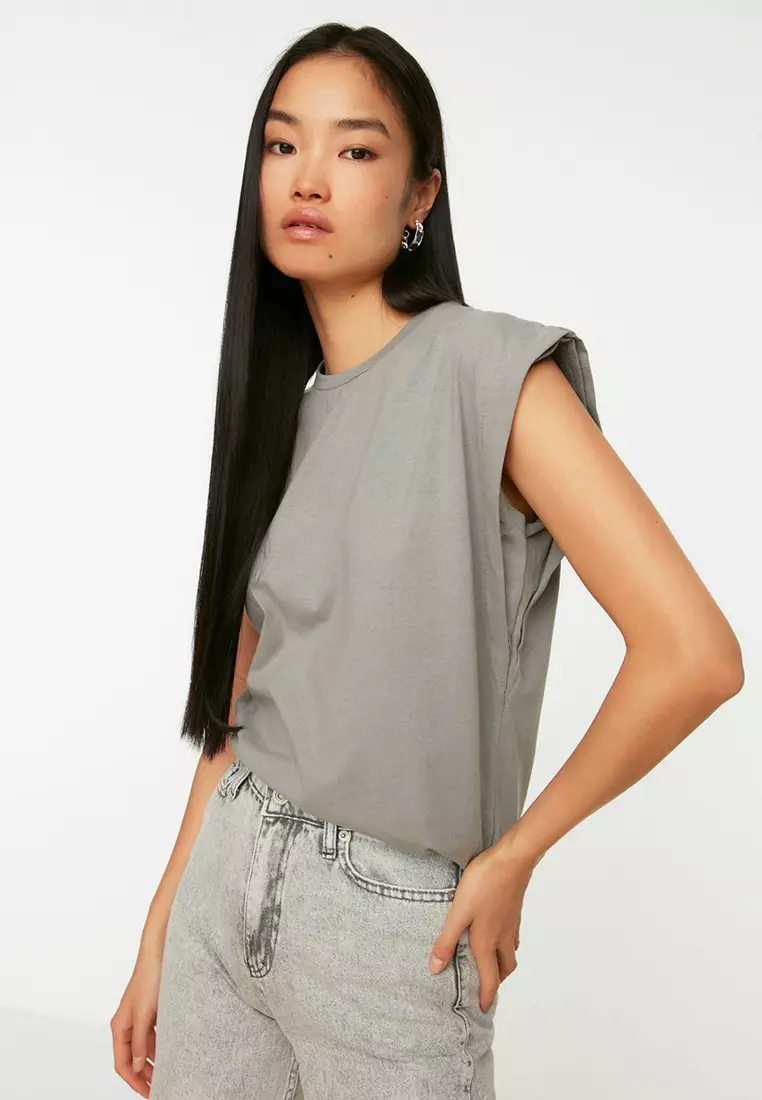 Gray 100% Cotton Wadding Look Basic Crew Neck Knitted T-Shirt TWOSS20TS0021