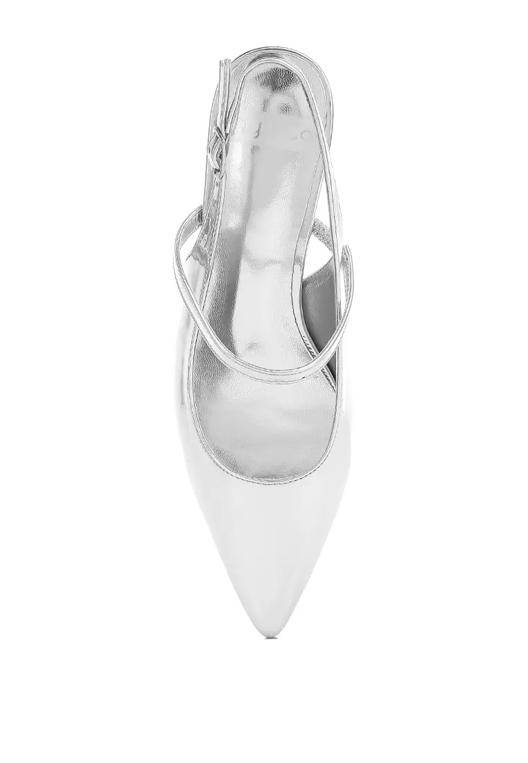 Kitten Heel Slingback Sandals in Silver