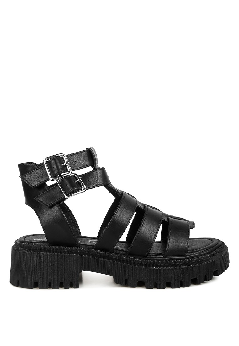 Black Double Buckle Detail Chunky Sandals