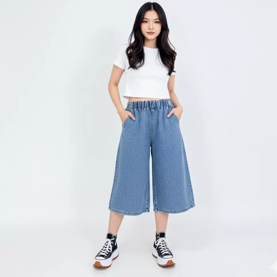 Celana Pendek Jeans Casual Wanita - Short Midi Wide Leg Pants Carrisa