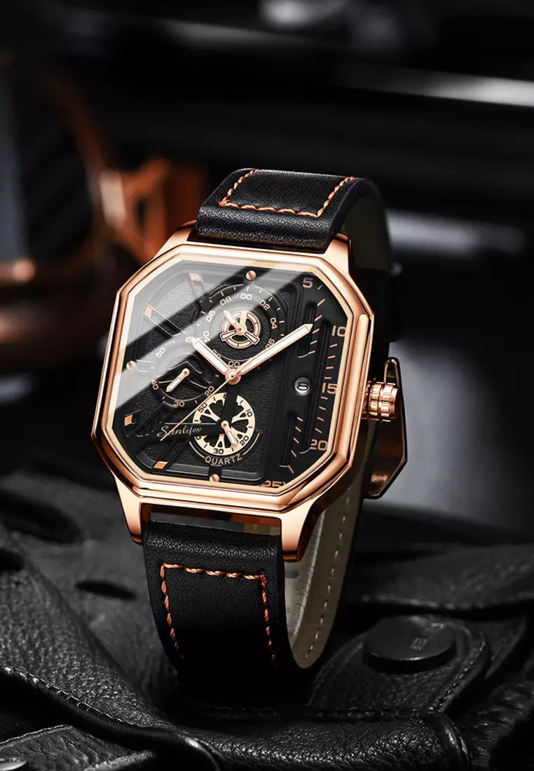 Jam Tangan Pria 9095 Kuarsa Olahraga Kasual Tali Kulit Pria Jam Tangan Cowok rose black