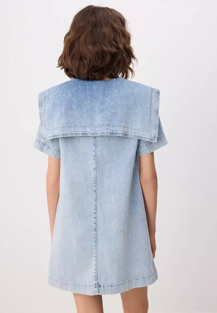 Light Blue Baby Collar Detailed 1% Cotton Mini Denim Dress Twoss26El41