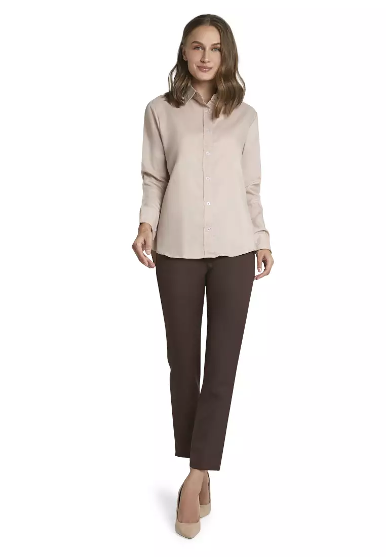 Zwetta Kemeja Lengan Panjang Plain Shirt Basic Atasan Wanita Regular Fit - Cream