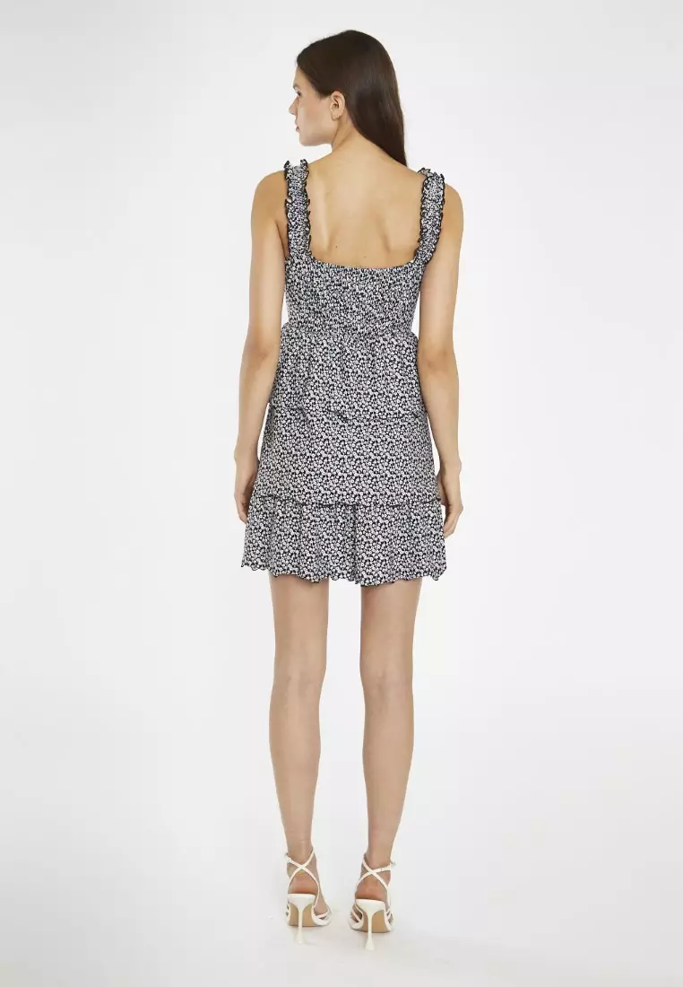 Black Multi Daisy Gathered Tiered Mini Dress