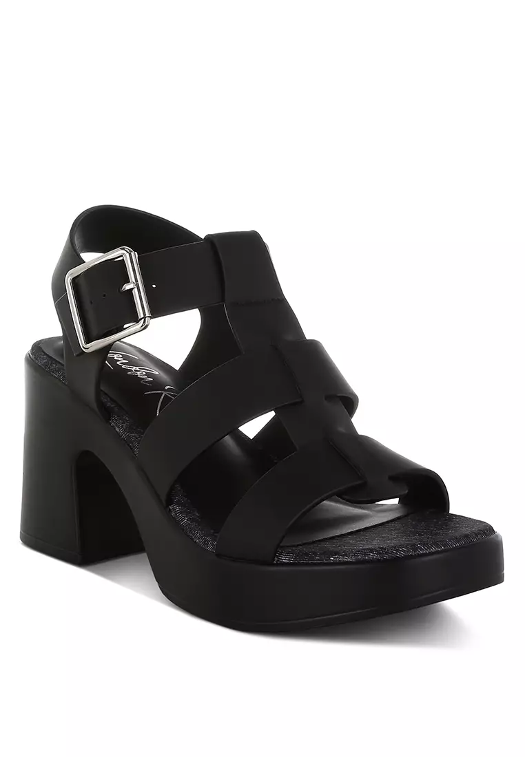 Chunky Pin Buckle Platform Heels in Black