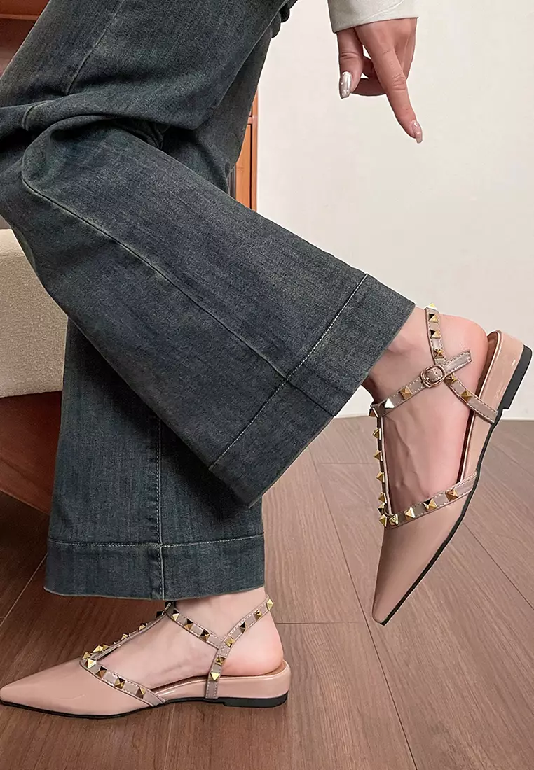 3CM Rivet T-strap Slingback Mid Heels WW875-5