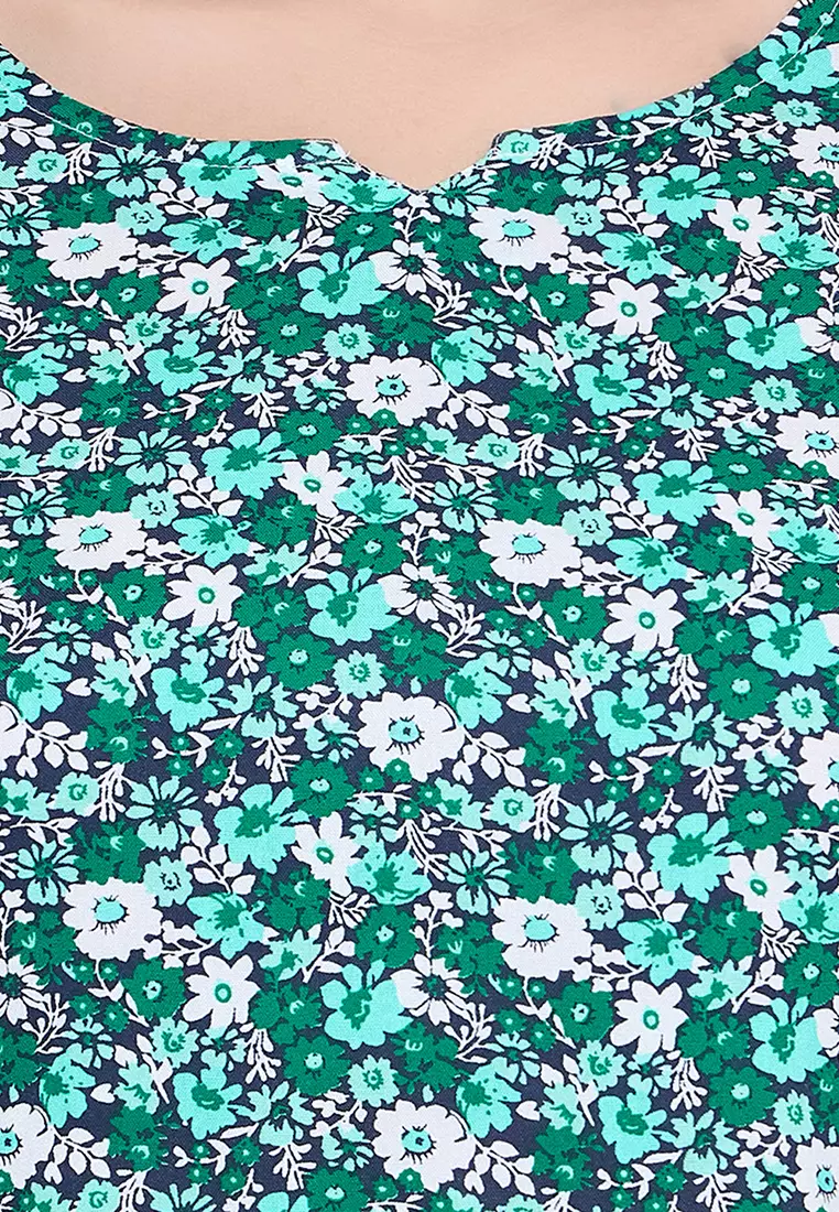 Clovia Floral Print Top & Pyjama Set in Dark Green- Rayon
