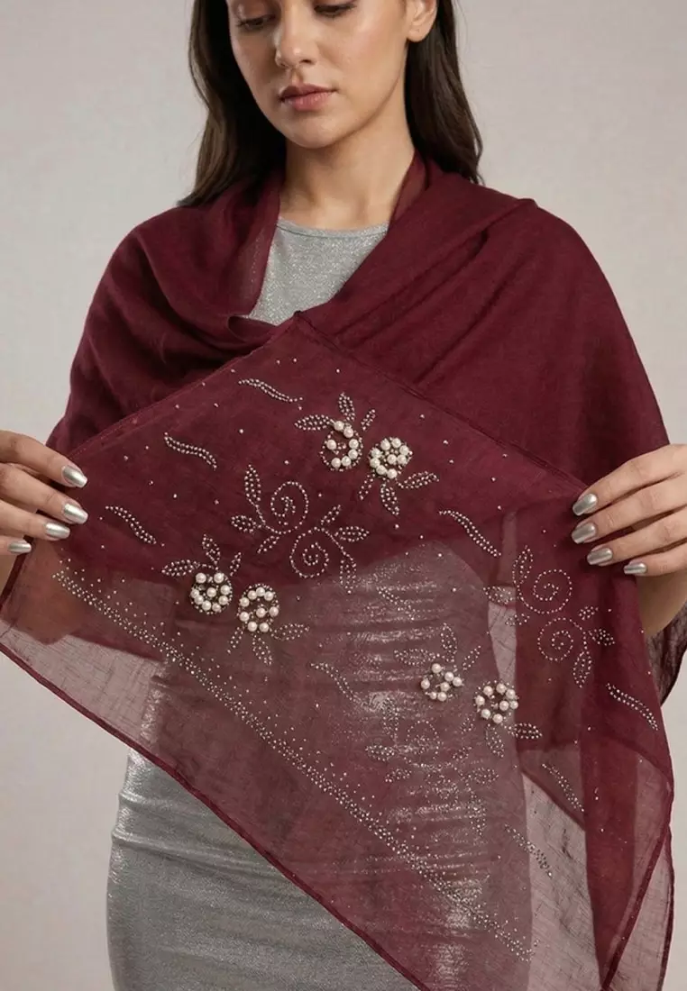 Aksesoris Syal Pesta Wanita Pearly Studs Embellish Floral Silk Shawl Syal Sutra Wanita Evening Shawl Red Heart
