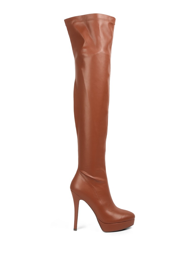 Tan Stretch PU High Heeled Long Boots