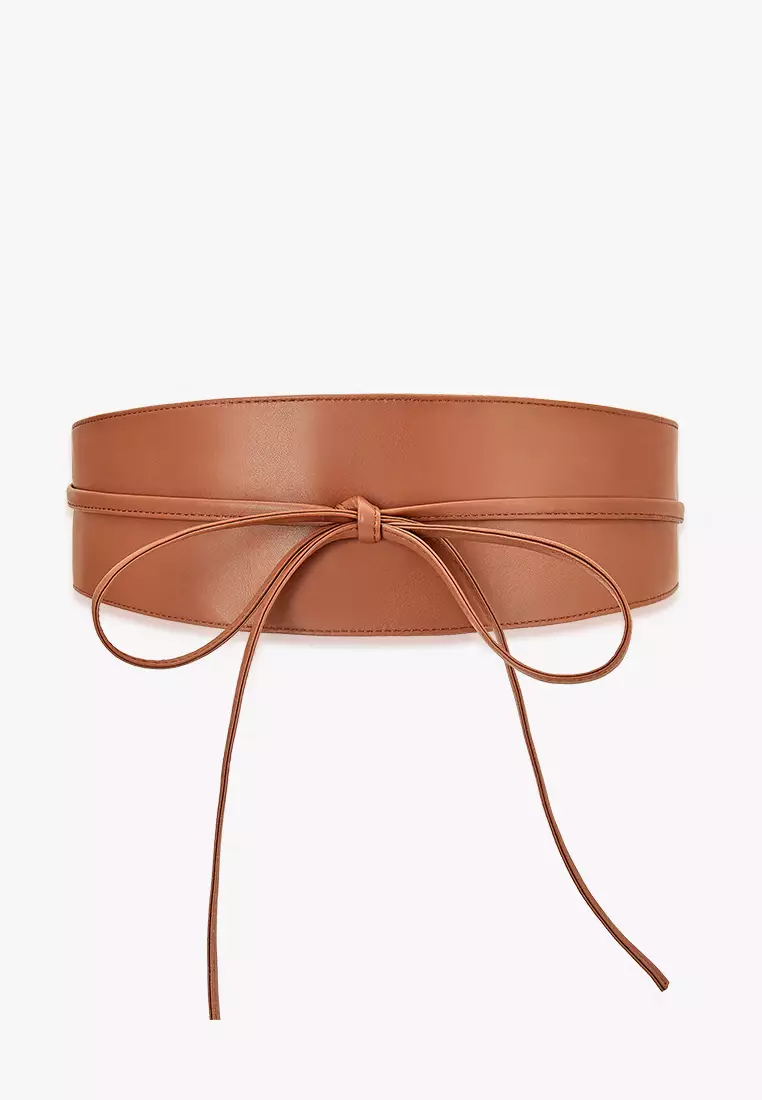 Karis 女性宽版皮质腰带，束腰设计，配有收腰束带 - 棕色