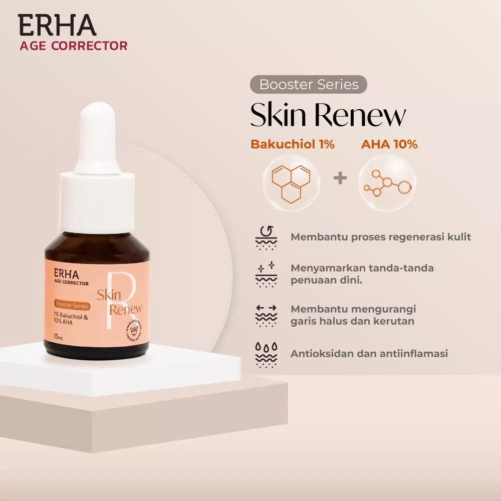 Erha Age Corrector Skin Renew Booster 15ml - 1% Bakuchiol & 10% AHA Booster Anti Aging | Alternatif Vegan Retinol | Meregerenasi Meremajakan Kulit | Menyamarkan Tanda Penuaan | Mencerahkan | Kolagen | Gentle untuk Kulit Sensitif