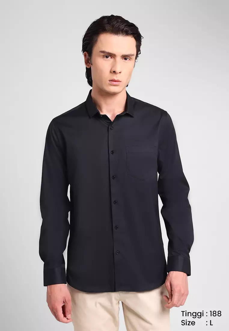 MANZONE- Kemeja Lengan Panjang Pria Troy 03 Modern Fit - Black Warna Black