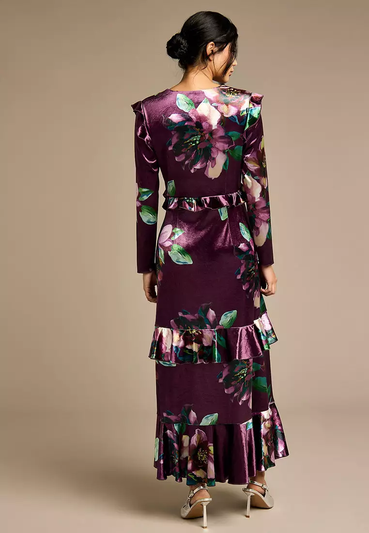 Odette Purple Floral Velvet Maxi Dress