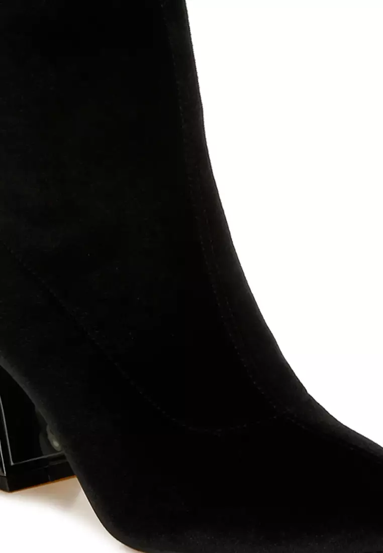 Black Flared Block Heel Velvet Boots