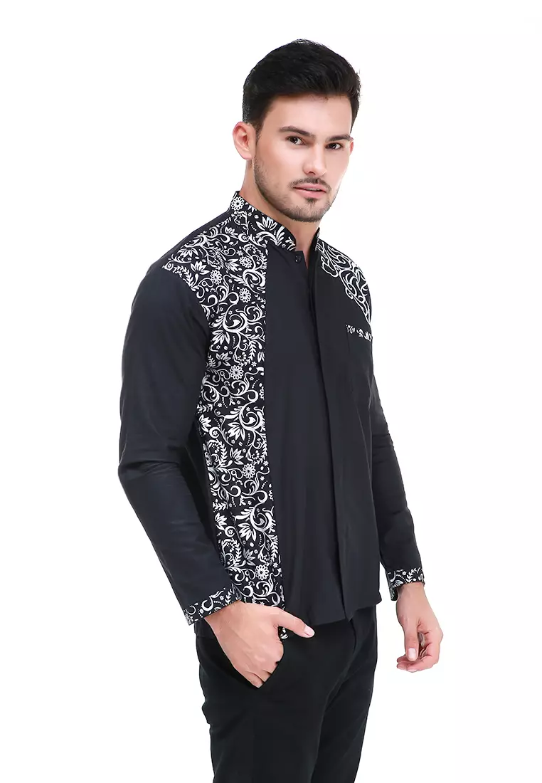 Dwan Kemeja Batik Pria Simple Atasan Formal Longsleeve Shirt Material Cotton ORIGINAL - Black