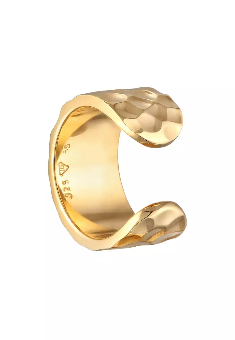 EXCLUSIVE Anting Perhiasan Perak 925 Pria Earcuff Wide Hammered Modern Gold Plated