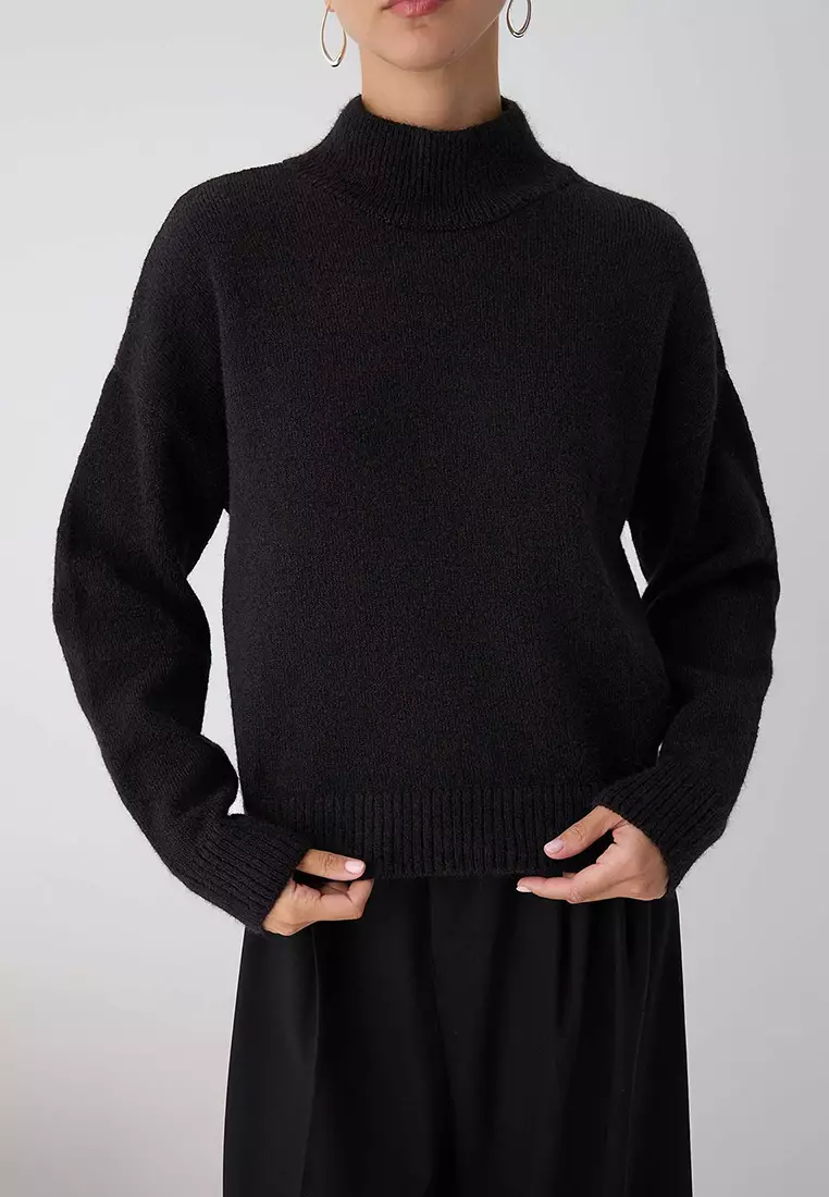Black Alpaca Wool Blended Premium Yarn/Special Yarn Wide Fit Basic Knitwear Sweater