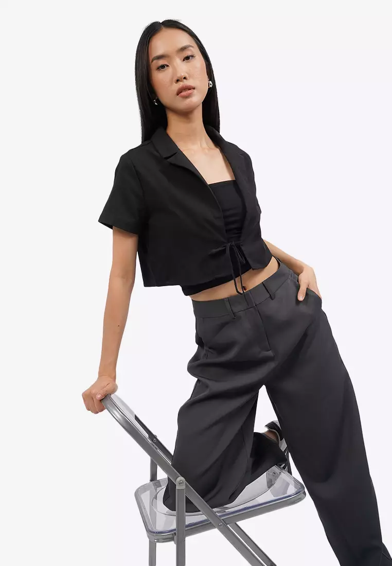 Front Tie Short Sleeve Crop Blazer