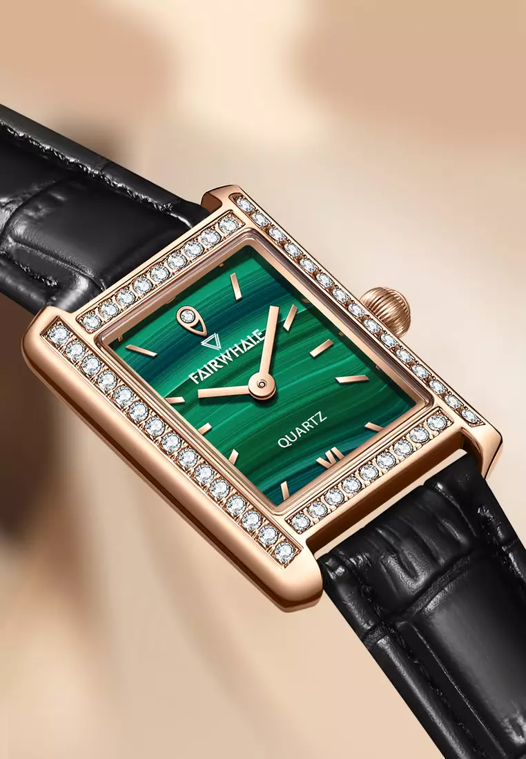 女士 IP 玫瑰金色不鏽鋼石英手錶，24 毫米，鋪滿水晶，孔雀石錶盤，黑色皮錶帶