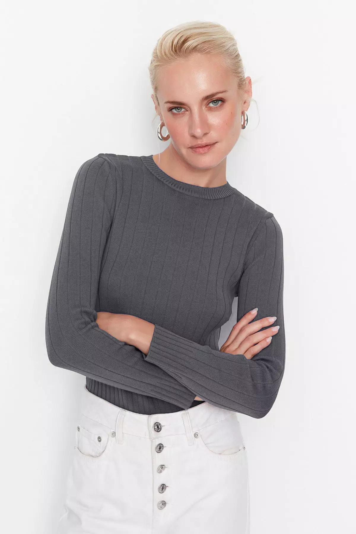 Anthracite Basic Crew Neck Knitwear Sweater