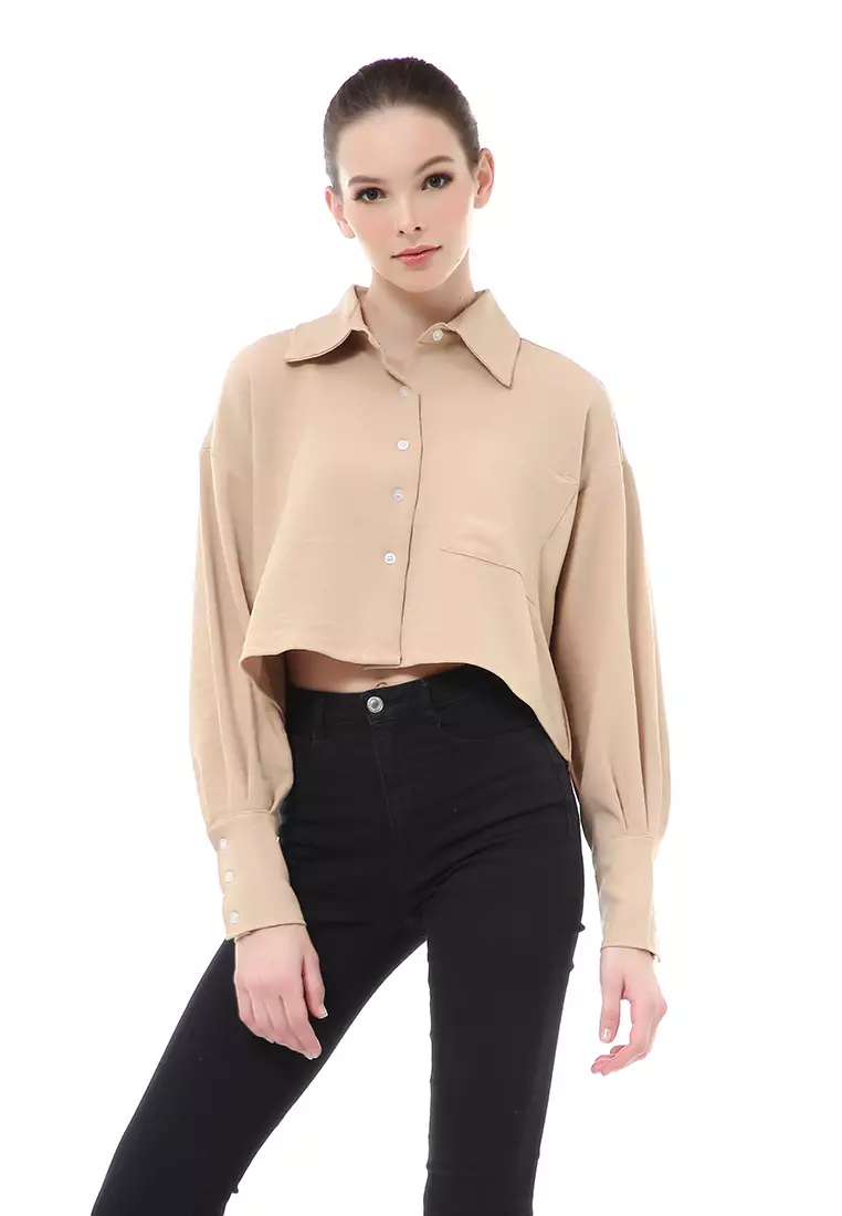 Brielle Atasan Wanita Kemeja Casual Lengan Panjang Oversize Shirt Material Polyester Cationic - Cream