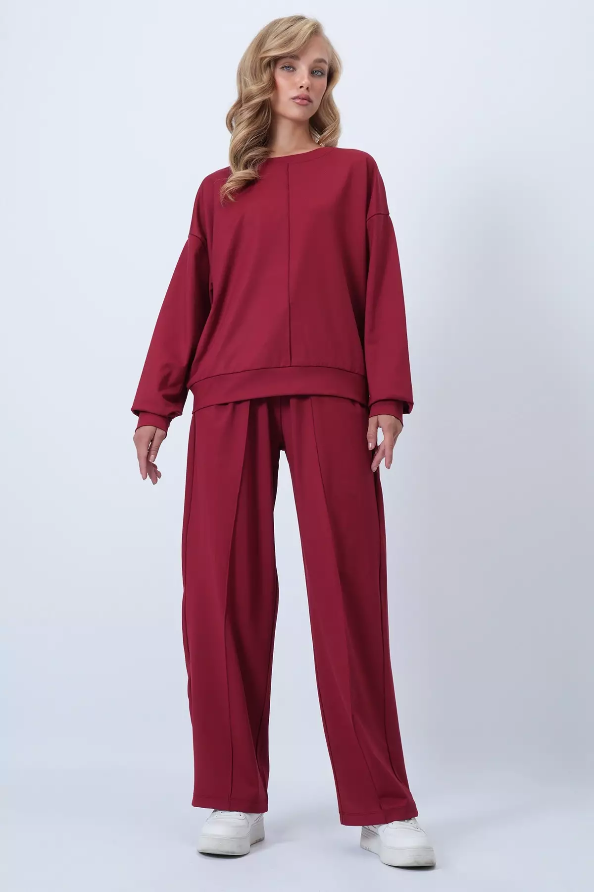 Burgundy Crew Neck Blouse With Ribbed Front Stitching And Double Pocket Trousers Set Alc-X14543
