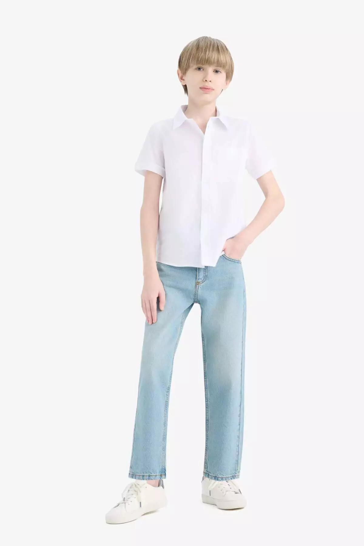 Boy's Polo Neck Linen Look Basic Plain Short Sleeve Shirt Z3204A625Sm