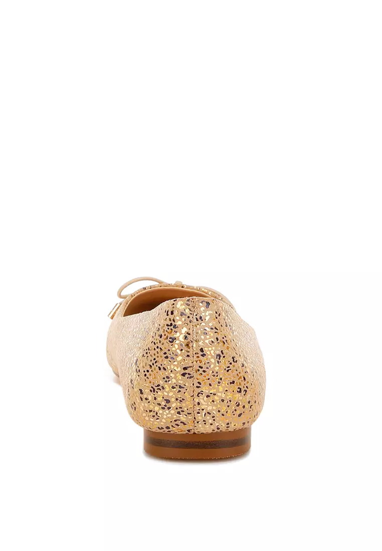 Bow Detail Embossed Suede Ballerinas Gold