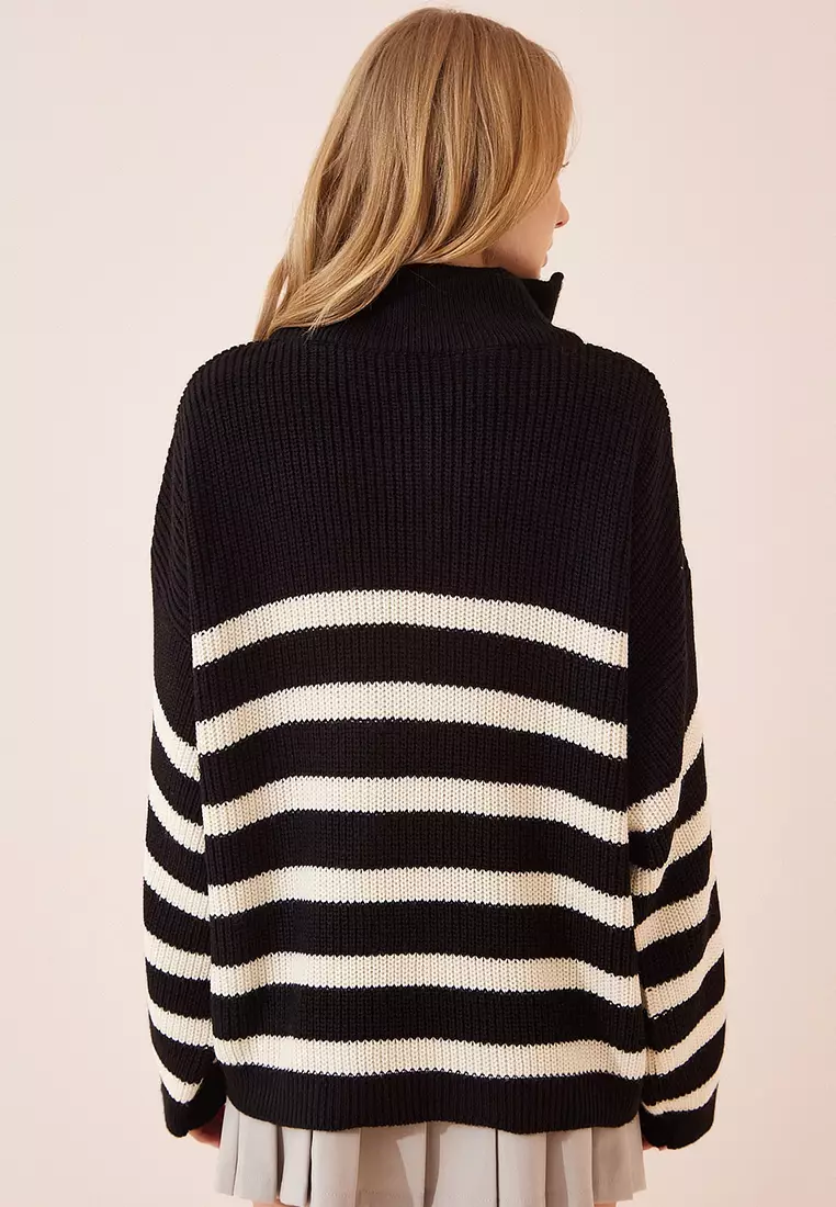 Zipper Stand-Up Collar Striped Oversized Sweater