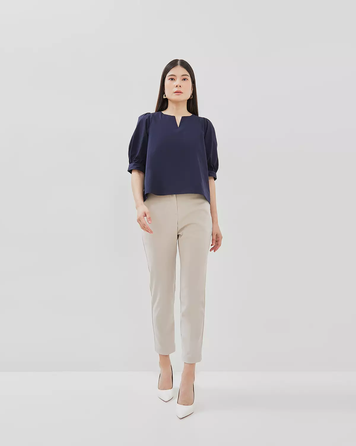 WOMEN'S BLUE V-NECK PUFF SLEEVE BLOUSE