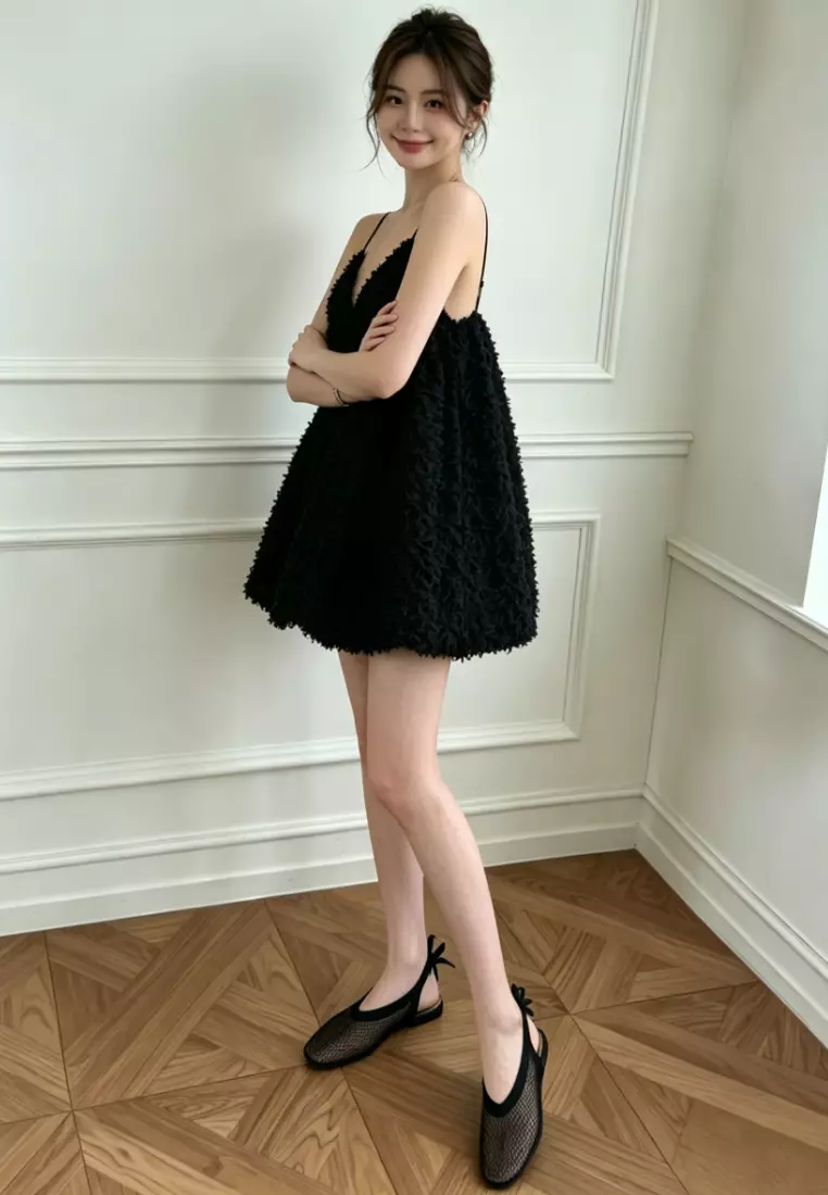 Fashion V-Neck 3D Floral Decor Slip Dress CA26041605BK
