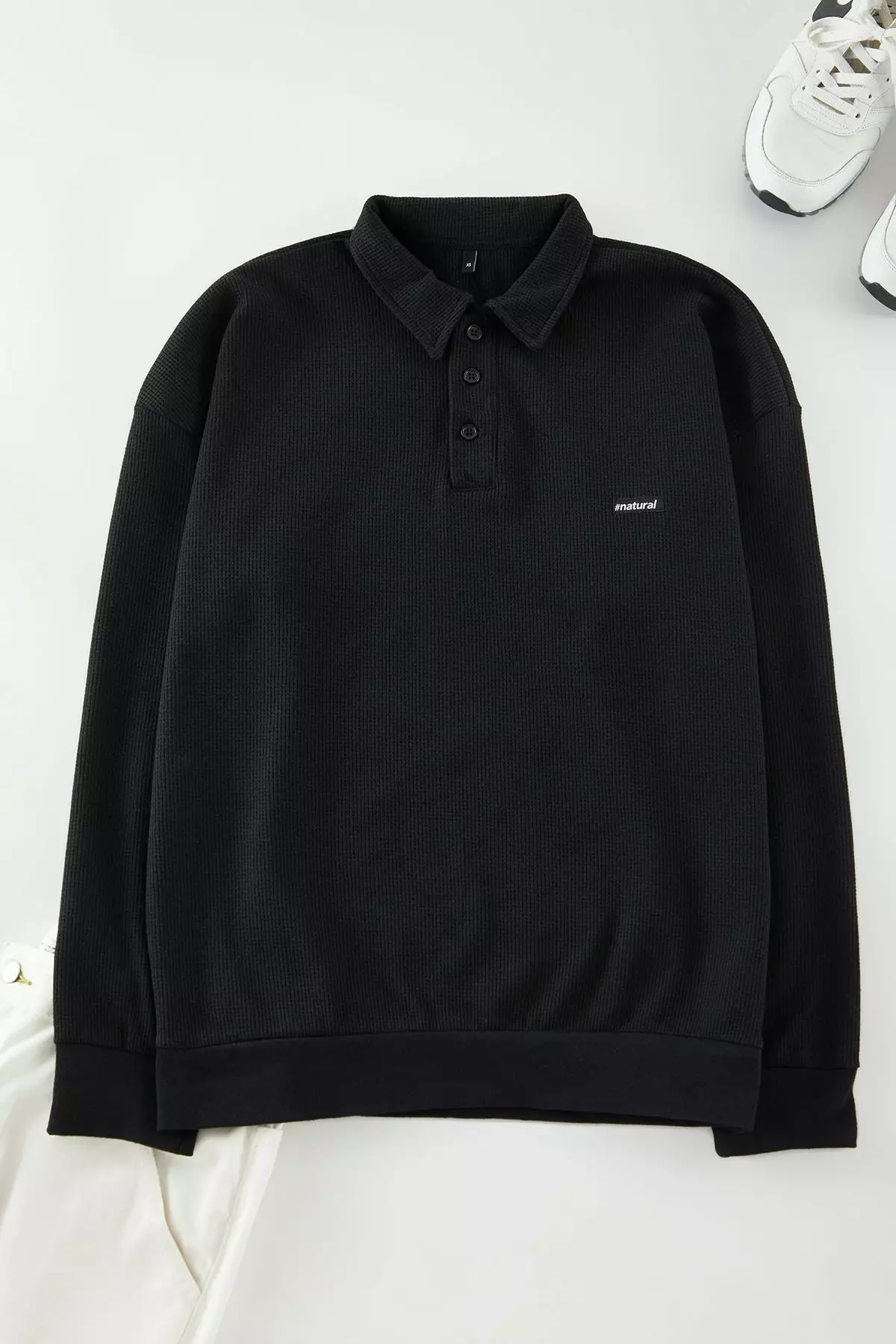 Black Oversize/Wide Cut Labeled Textured Polo Collar Non-raised Sweatshirt TMNAW24SW00224