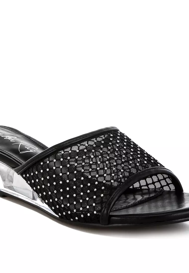 Sandal wedges hak bening berbahan jaring warna hitam