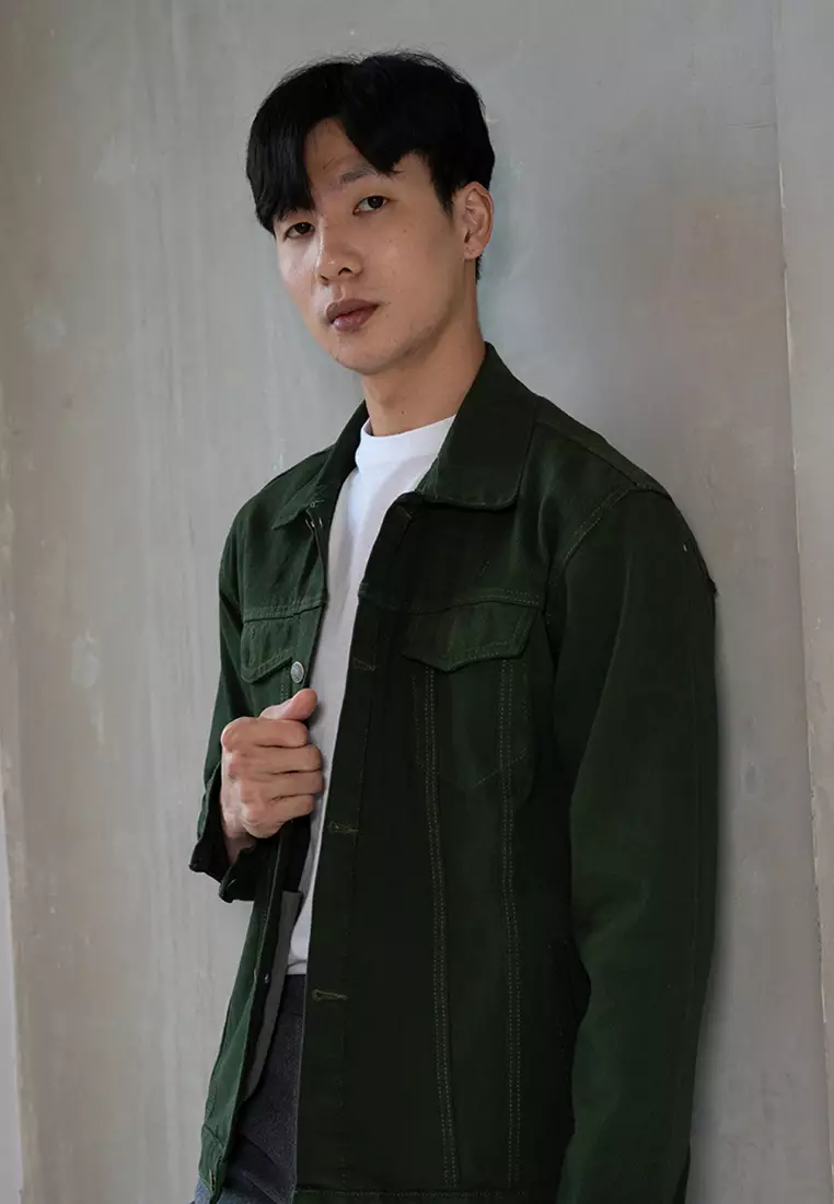 Houseofcuff Jaket Jeans Pria Polos Tebal Dilan Jaket Denim hijau tua